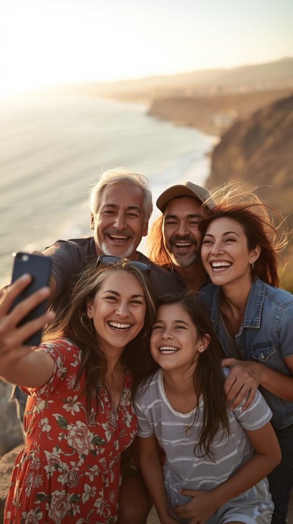 ultigenerational family squeezed together taking a smiling selfie at sunset on a cliff above the ocean during a trip.