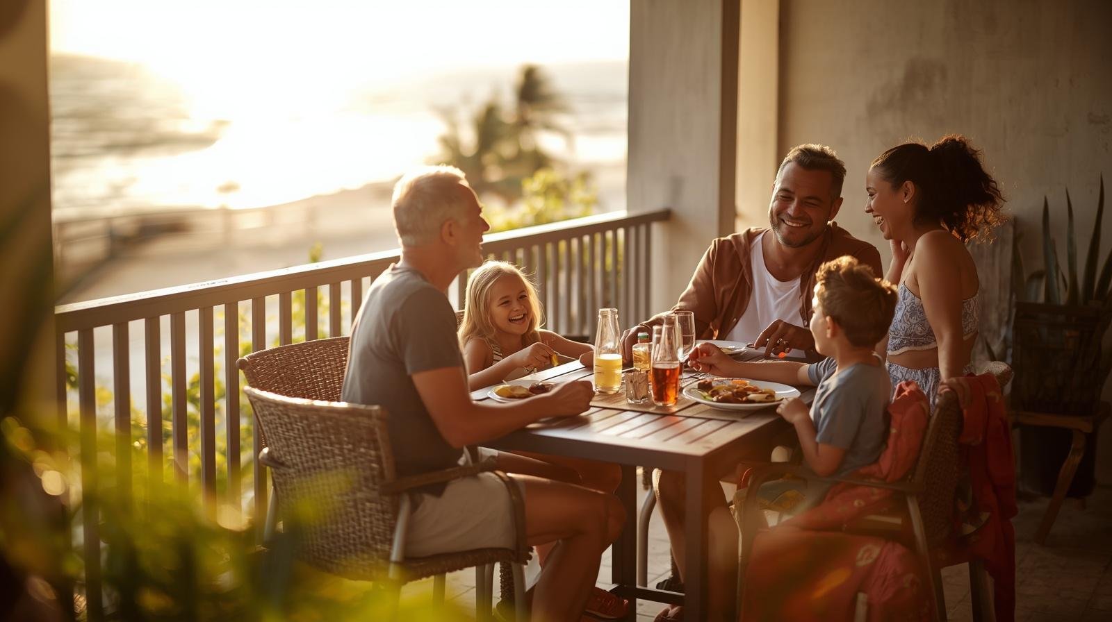 Multigenerational family sharing a relaxed sunset dinner on a balcony during a beach vacation.