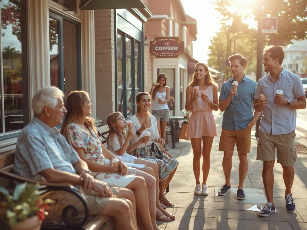 Grandparents, parents, and teens enjoying ice cream together on a sunny main street during a casual summer ice cream crawl.