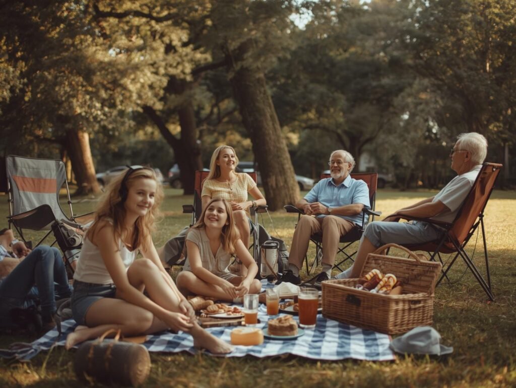 Grandparents, parents, and older kids relaxing together on blankets and portable chairs during a simple summer picnic in a shady park.