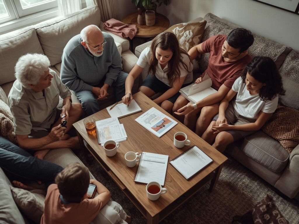 Grandparents, parents, and kids sitting together in a cozy living room, looking at notes and papers as they calmly plan a summer staycation.