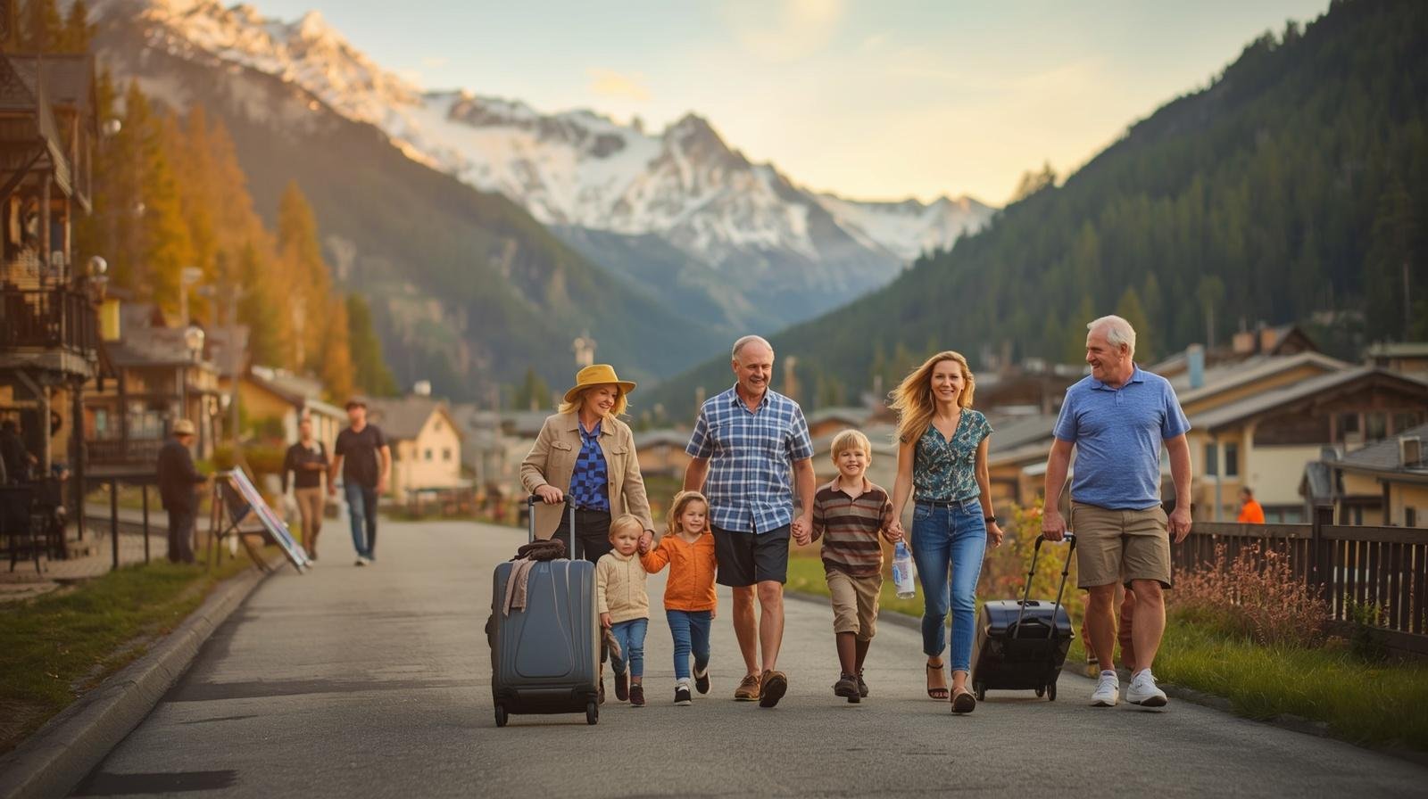 Multigenerational family walking through a mountain town with rolling suitcases on a trip.