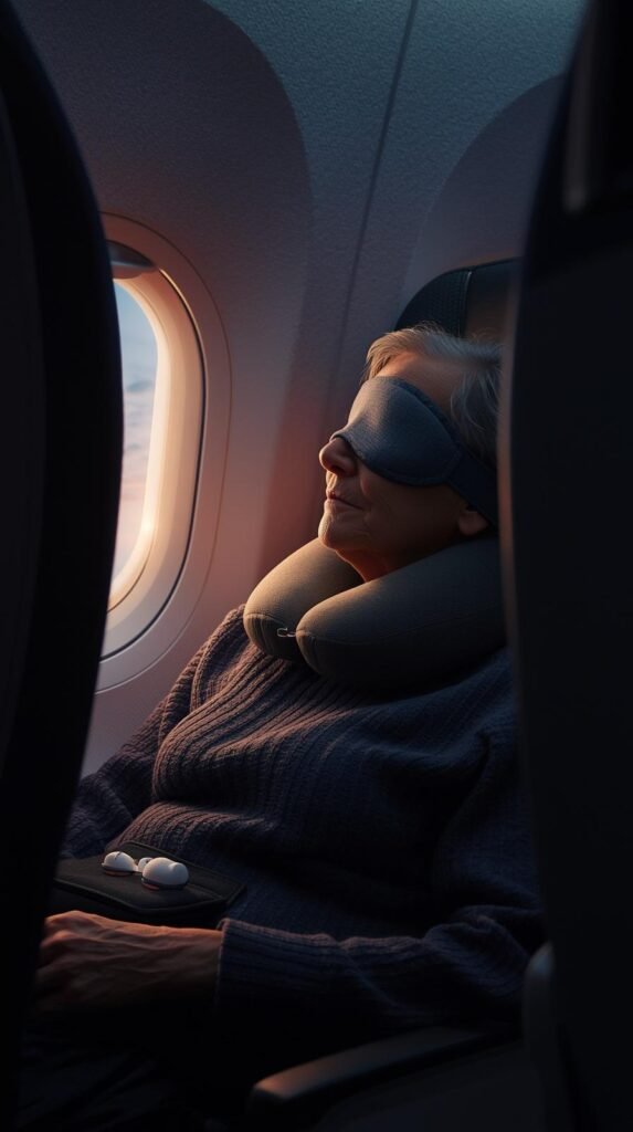 Older woman sleeping on an airplane with a neck pillow and eye mask during a flight