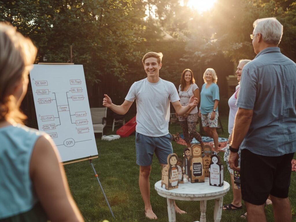 Teen leading a backyard outdoor game tournament with a bracket board while grandparents and parents watch and laugh in the background.