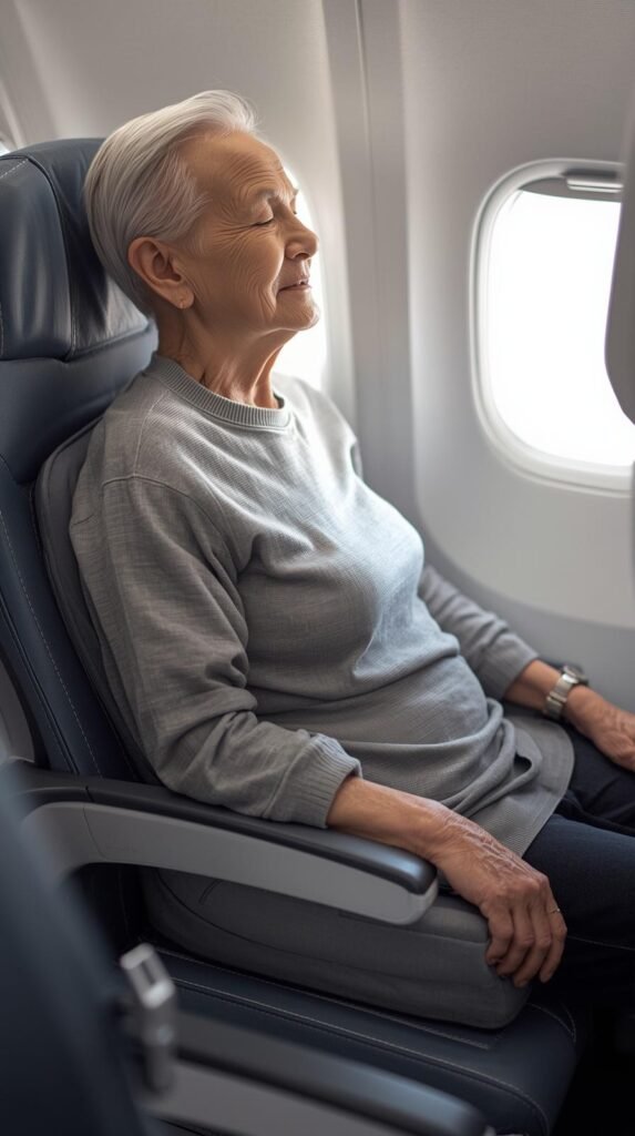 Older woman sitting on an airplane using a slim portable seat cushion for extra comfort