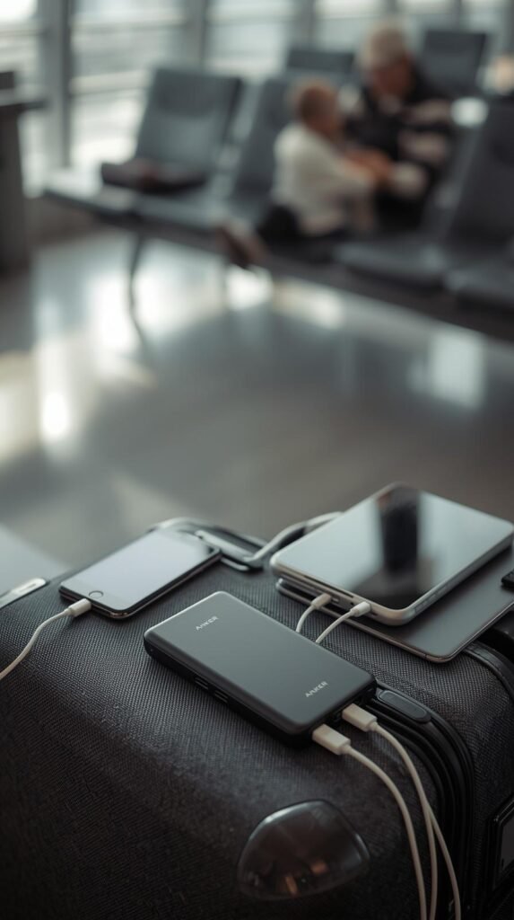 hone and tablet charging from a power bank on top of a suitcase in an airport.