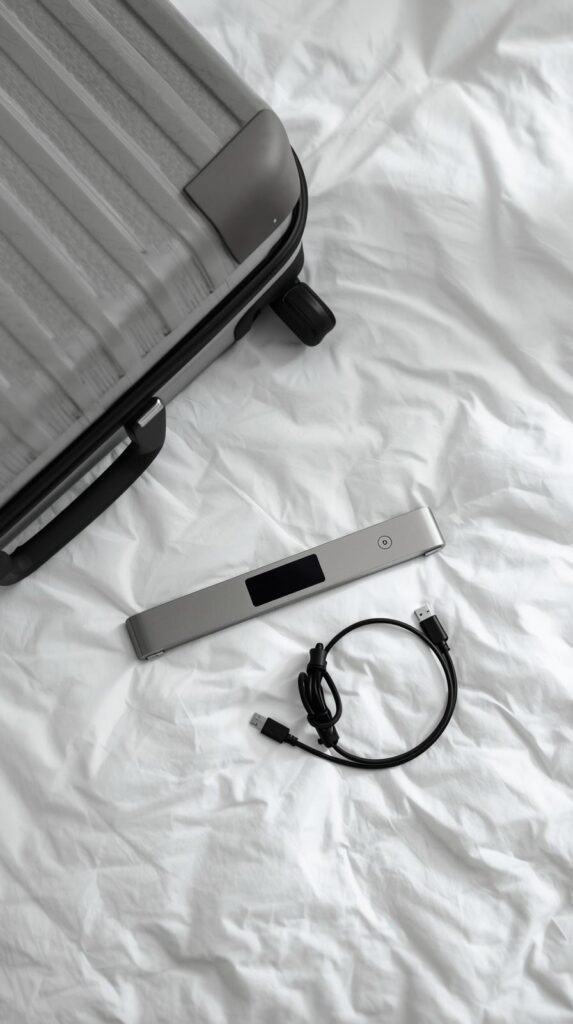 Rechargeable digital luggage scale and USB cable lying next to a suitcase on a bed.