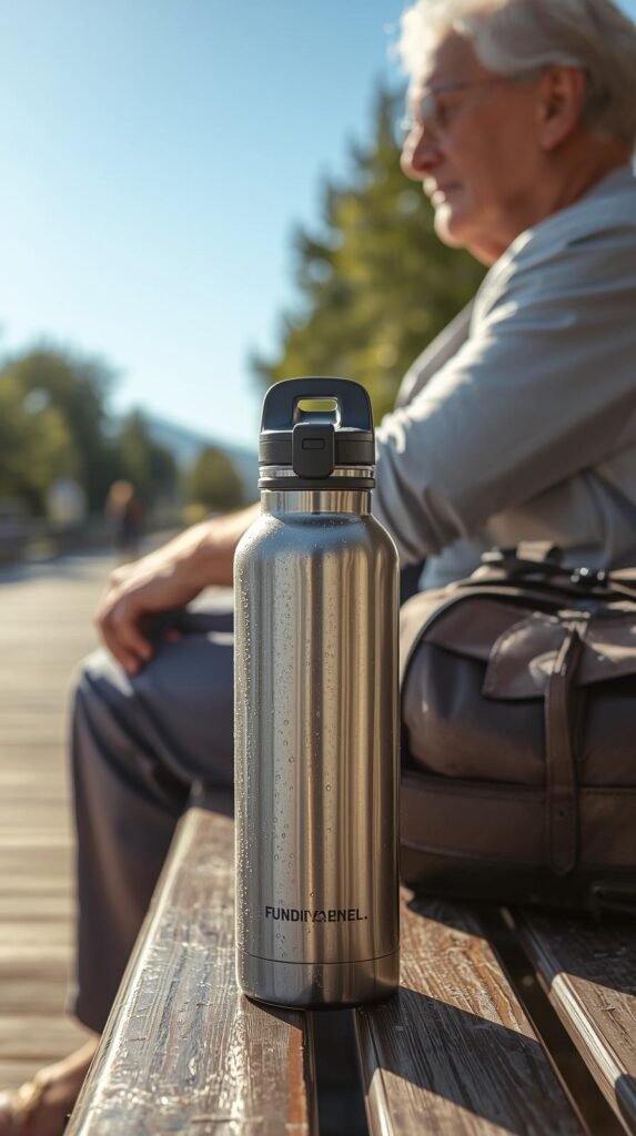 Insulated stainless steel water bottle on a bench next to an older traveler and day bag