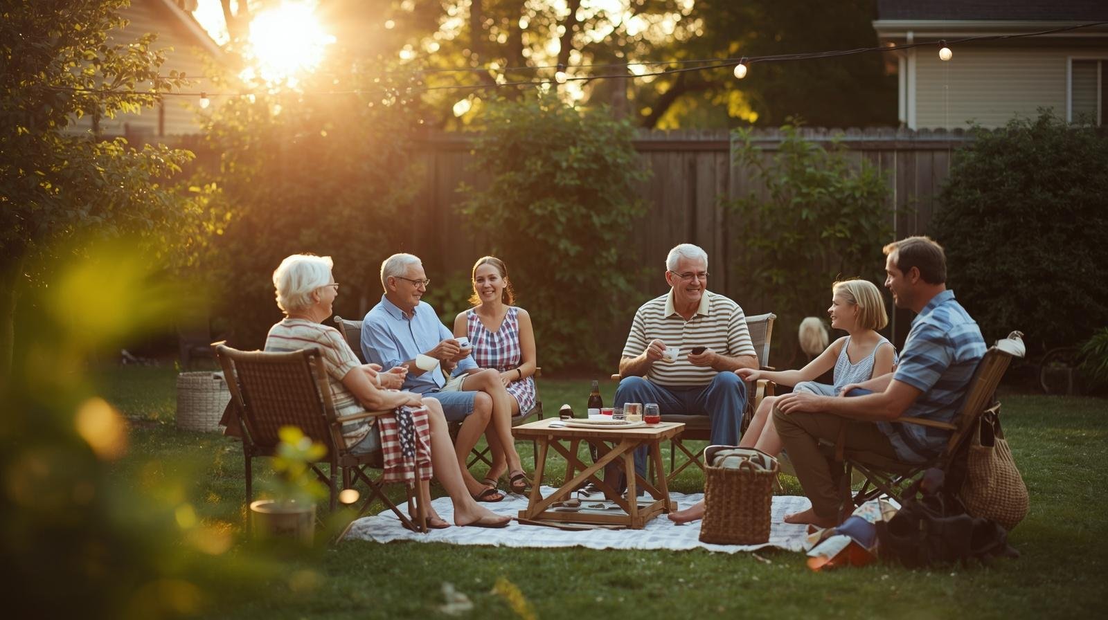 Multigenerational family of grandparents, parents, and kids relaxing together in a backyard during a summer staycation.
