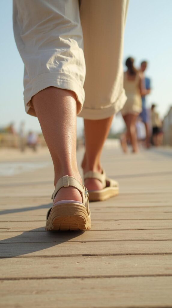 Older adult walking on a beach boardwalk wearing supportive cushioned walking sandals