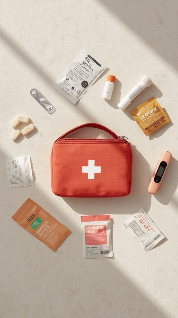 Bright red travel first aid kit and medical supplies laid out on a light surface.