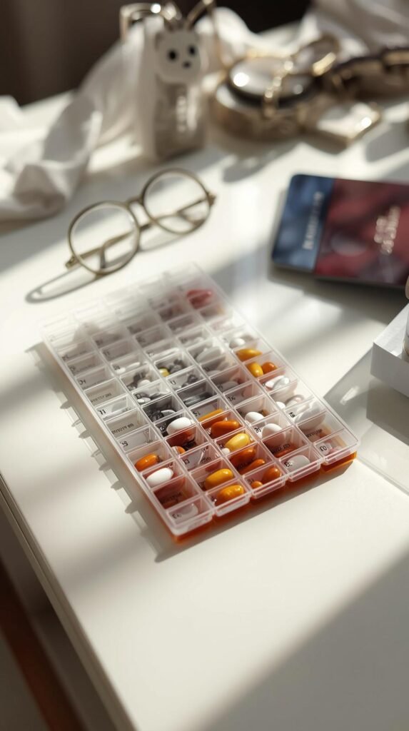 Weekly pill organizer filled with medications on a sunlit table next to glasses and travel items