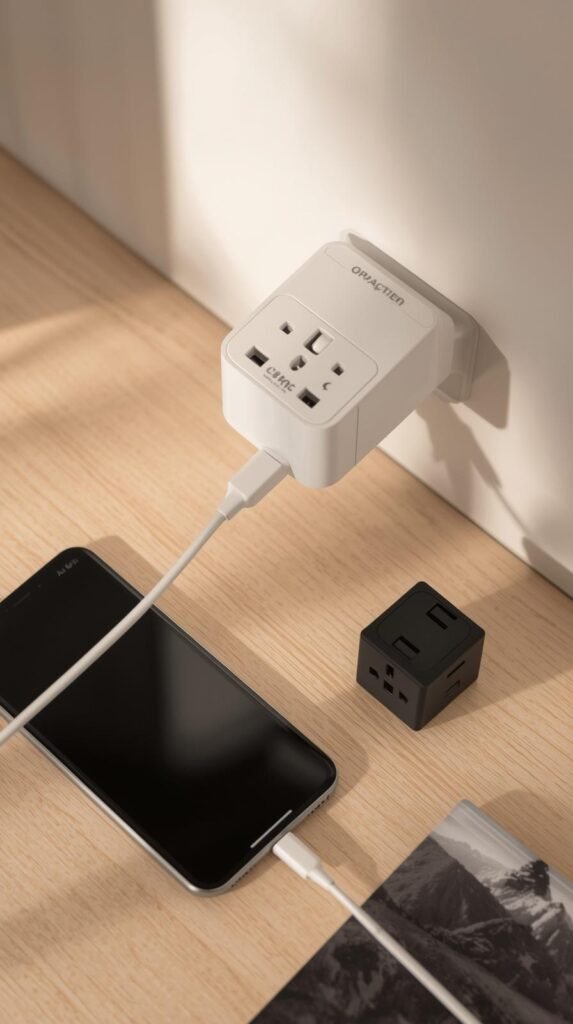 Universal travel adapter plugged into a wall with a phone charging beside a small power cube.
