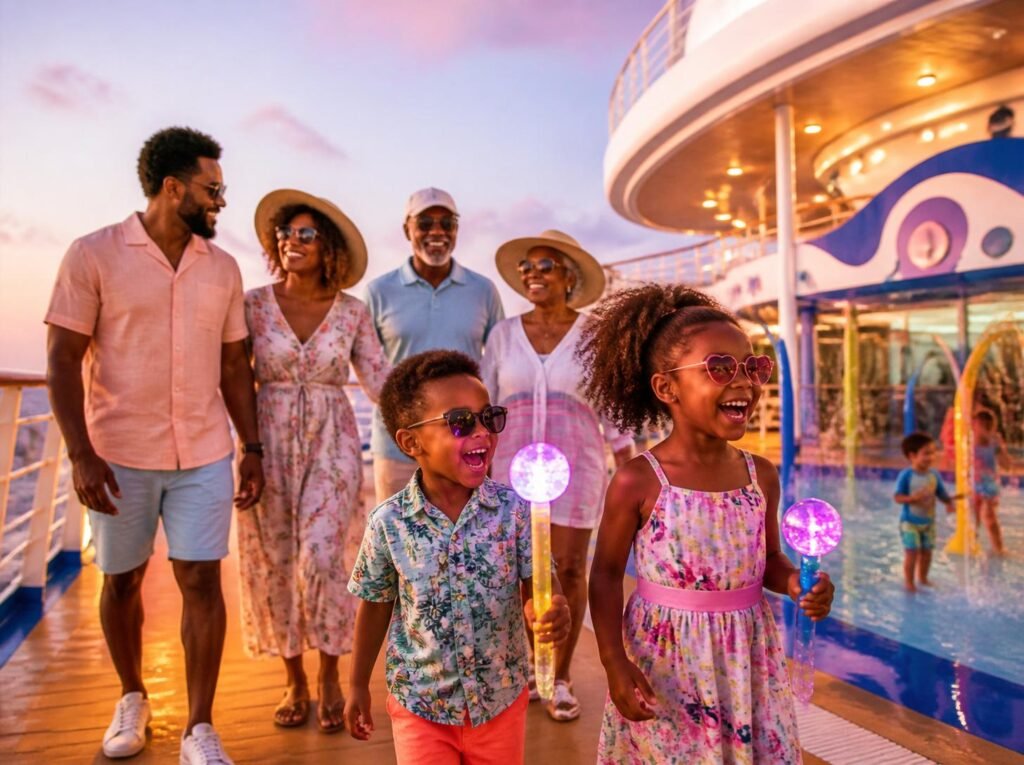 Young children and their parents and grandparents smiling and walking together on a colorful cruise ship deck with a splash area at sunset.