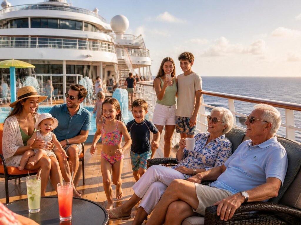 ultigenerational family with grandparents, parents, teens, and young children enjoying a sunny cruise ship deck together.