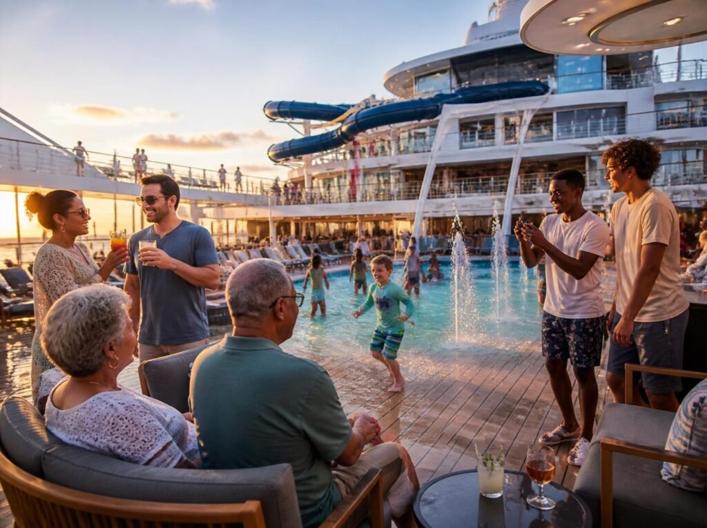 Families, kids, teens, and grandparents enjoying the pool deck and splash area on a cruise ship at sunset.