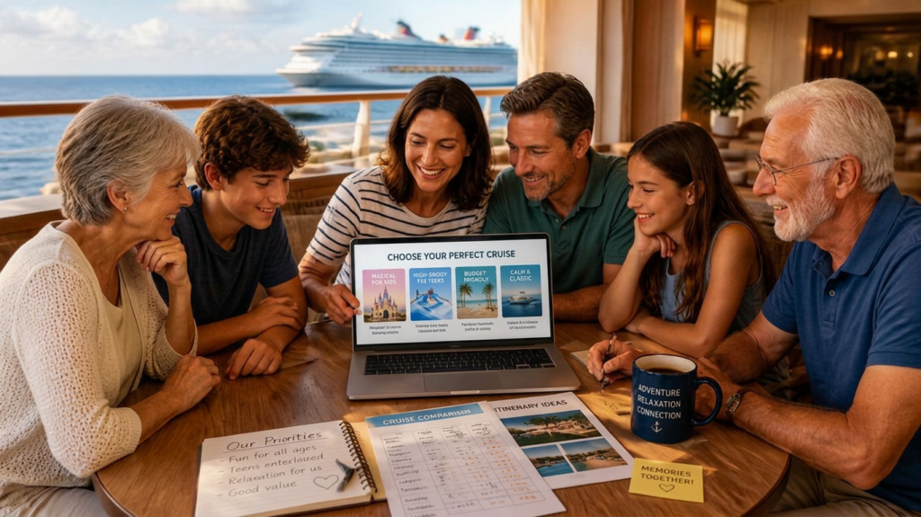 Multigenerational family sitting together around a laptop, comparing different cruise options and priorities with a cruise ship visible outside.