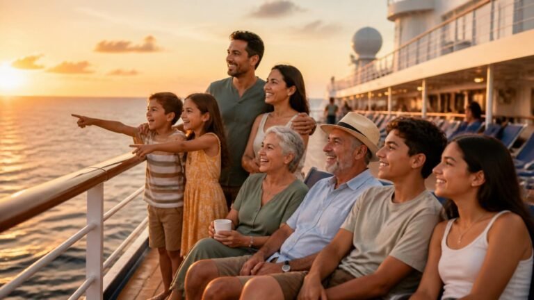 Multigenerational family smiling together on a cruise ship deck at sunset.