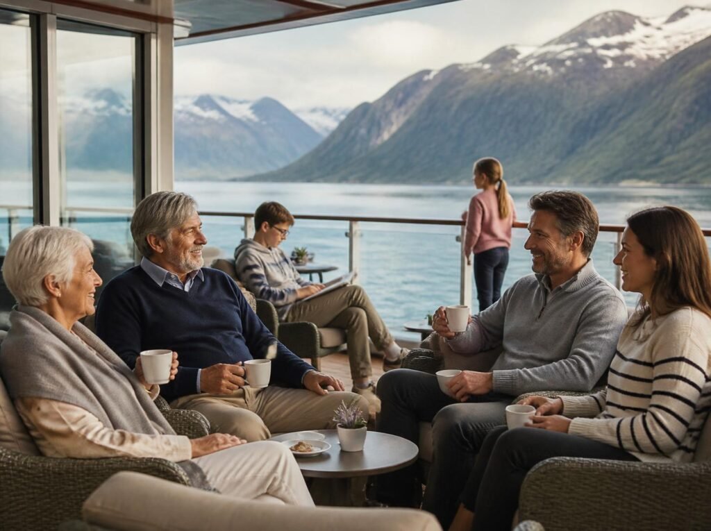 Grandparents and adult family members relaxing with coffee on a quiet cruise ship deck overlooking mountains and fjords, with younger relatives nearby.