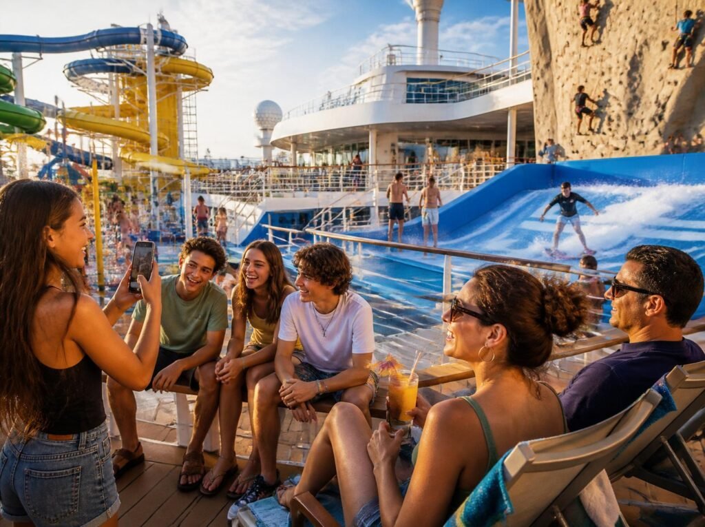 Teens and parents relaxing by a surf simulator and water slides on a cruise ship, laughing together on a busy pool deck.
