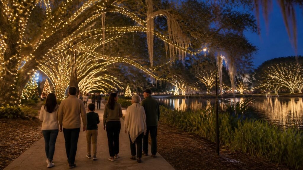 Multigenerational family walks beneath holiday lights at Celebration in the Oaks in New Orleans City Park.