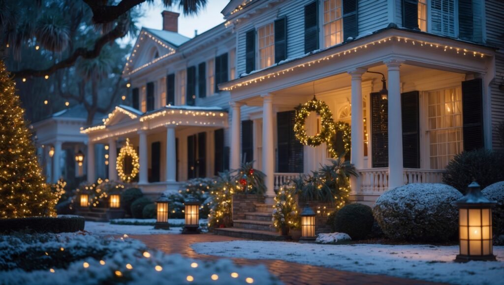 Historic Charleston-style homes decorated with wreaths and holiday lights at dusk.