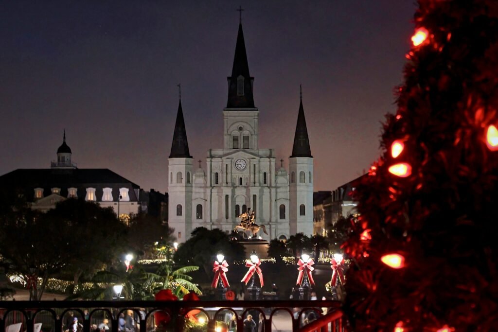 St. Louis Cathedral and Jackson Square decorated for the holidays in New Orleans.