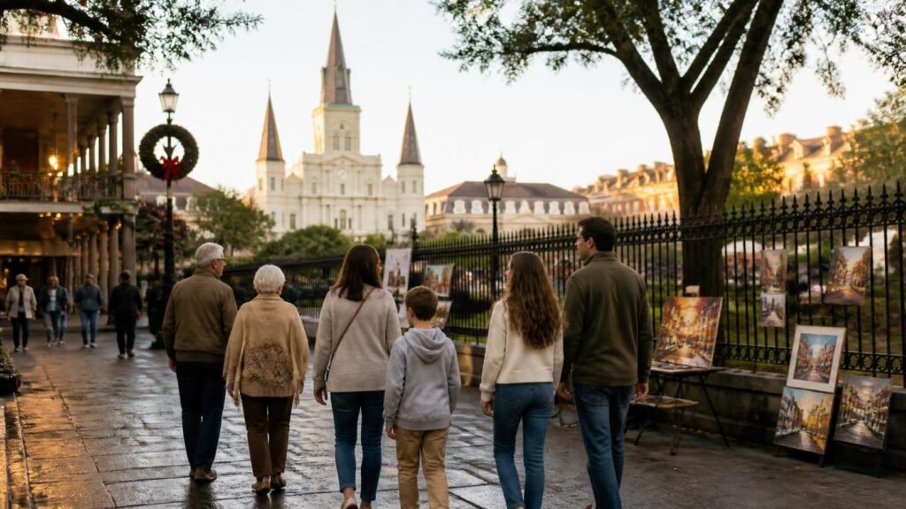 Multigenerational family walks past local art displays near Jackson Square and St. Louis Cathedral in New Orleans.