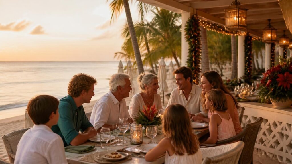 Multigenerational family sharing a holiday dinner beside the beach in Barbados.