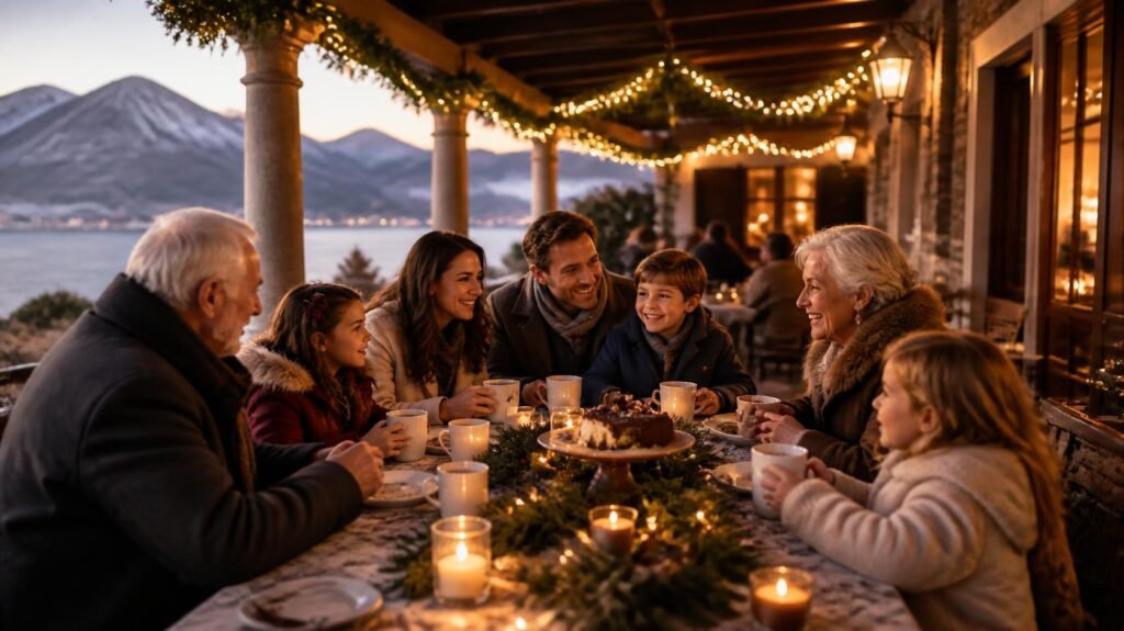 Three generations of a family share a candlelit holiday meal on a scenic terrace at sunset.
