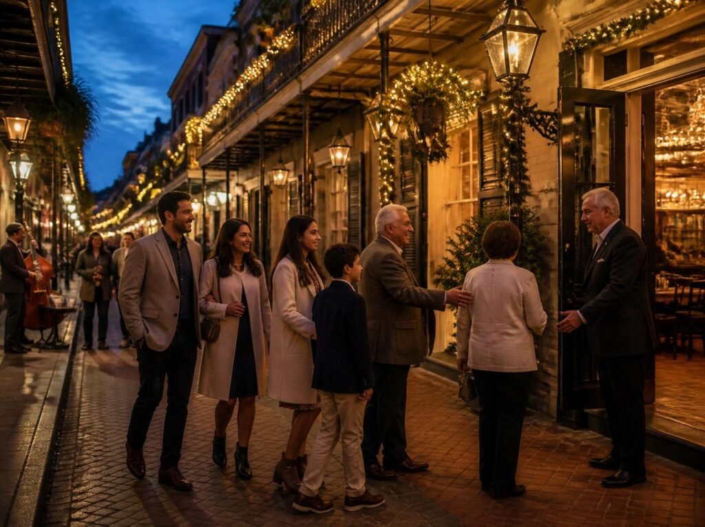 Multigenerational family arriving for a holiday dinner at a decorated French Quarter restaurant in New Orleans.