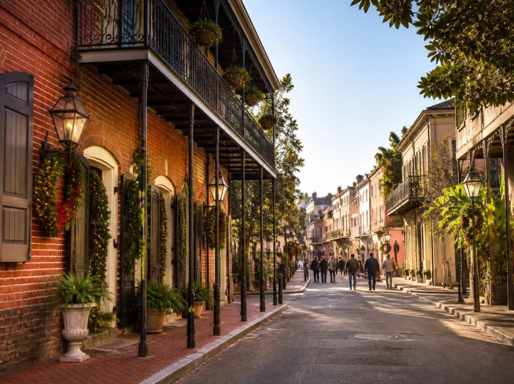 Decorated French Quarter street in New Orleans on a sunny early December afternoon.