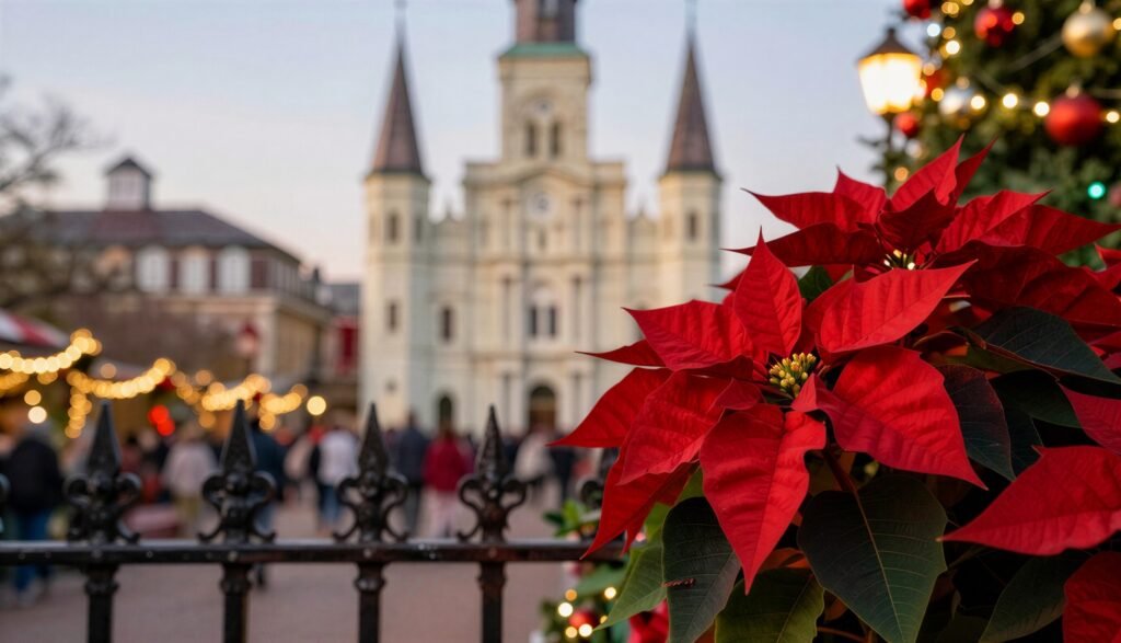 Red poinsettias and holiday lights frame St. Louis Cathedral at Jackson Square in New Orleans.