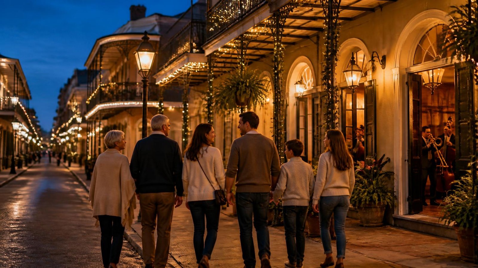 Multigenerational family walking along a holiday-lit French Quarter street in New Orleans at dusk.