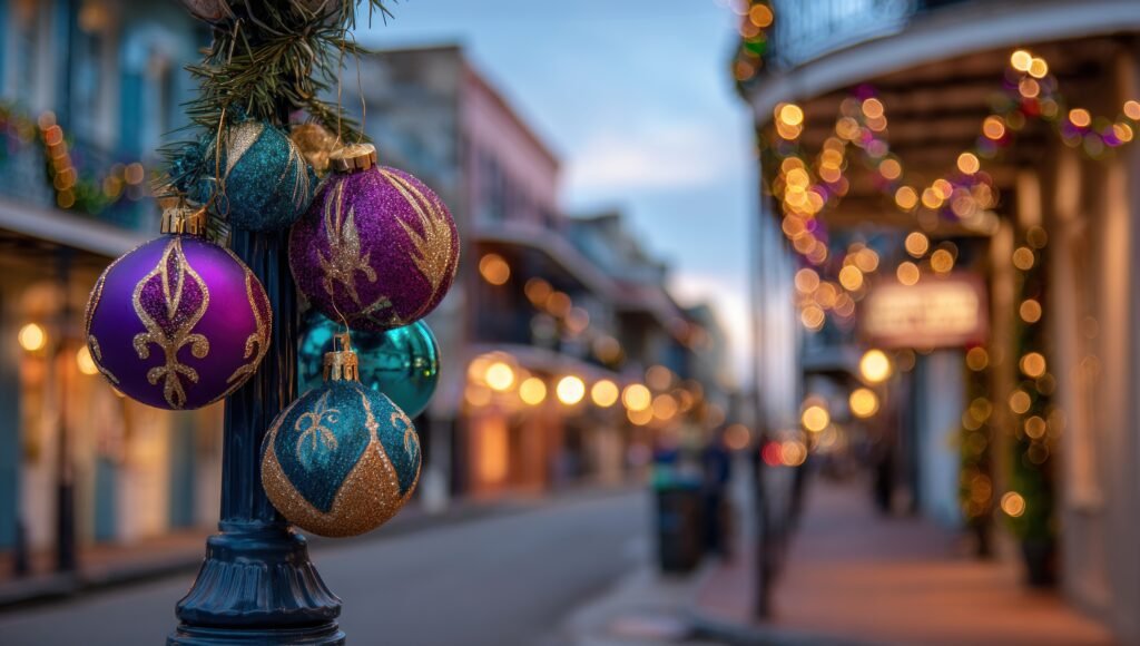 Purple, turquoise, and gold ornaments decorate a French Quarter street in New Orleans during the holiday season.