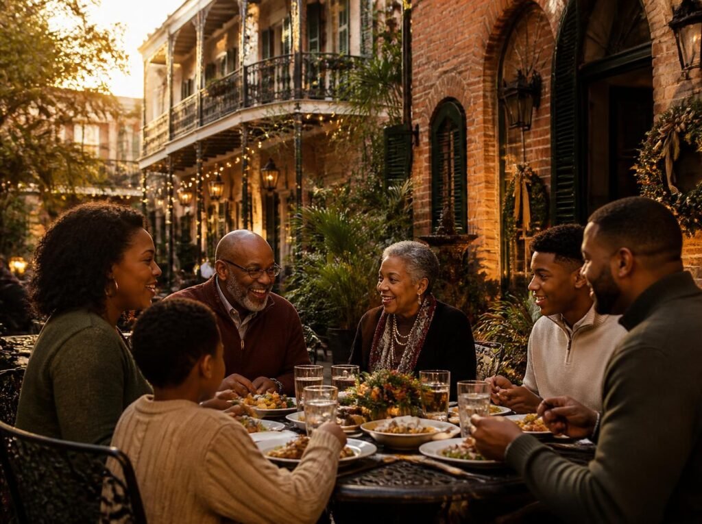 Multigenerational family sharing an outdoor dinner in a New Orleans French Quarter courtyard in late November.