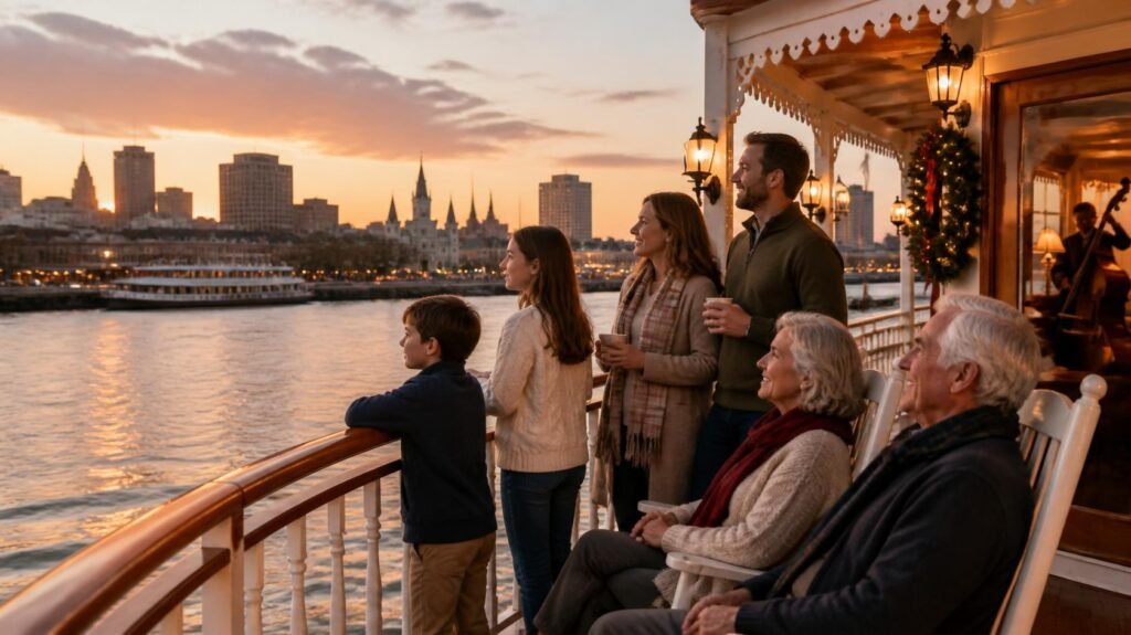 Multigenerational family enjoys sunset views from a Mississippi River cruise in New Orleans.