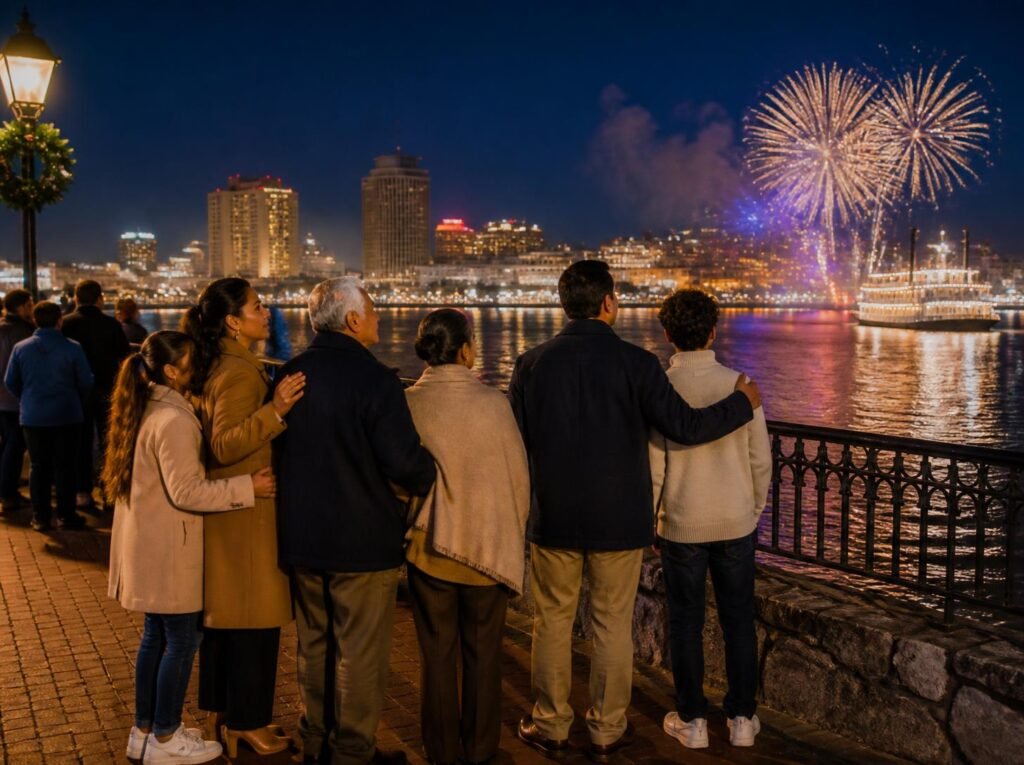 Multigenerational family watches New Year’s Eve fireworks over the Mississippi River in New Orleans.