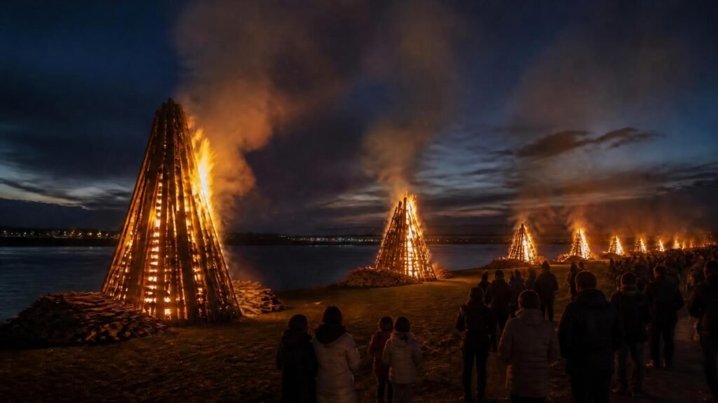 Traditional Christmas Eve bonfires burn along the Mississippi River levee in Louisiana’s River Parishes.