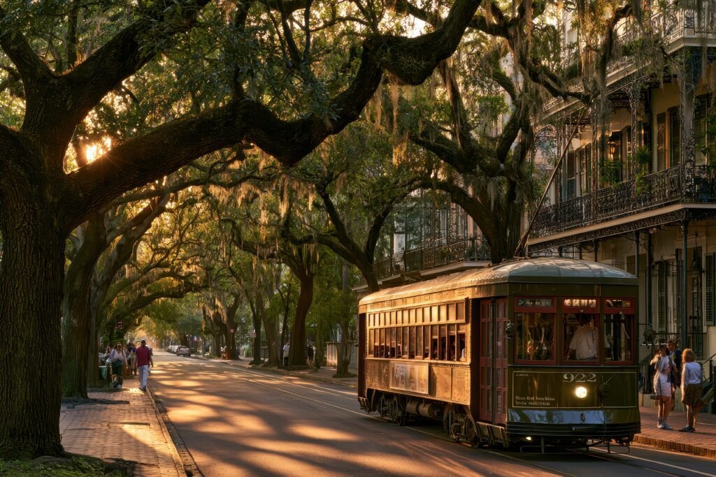 St. Charles Avenue streetcar travels beneath live oak trees in Uptown New Orleans.