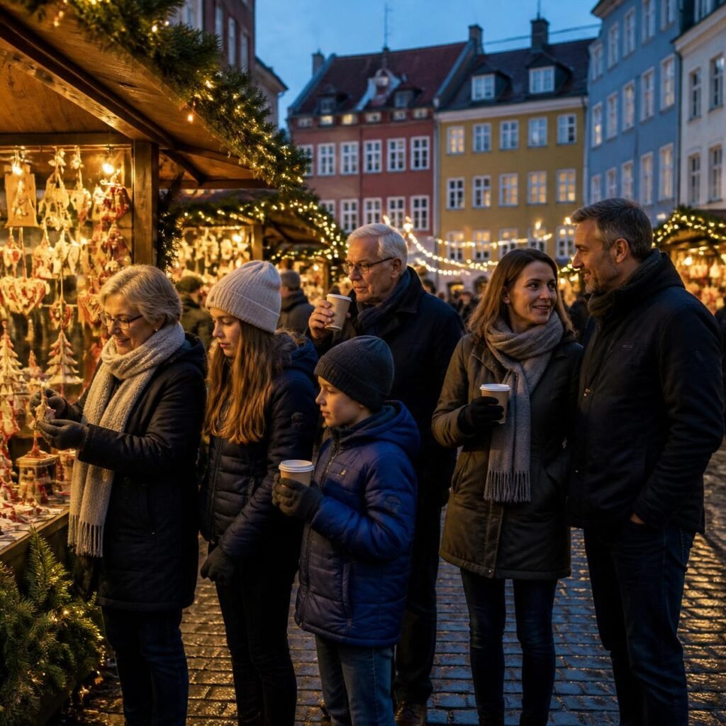 Grandparents, parents, and children browsing ornaments and holding warm drinks at a Christmas market beneath festive lights.