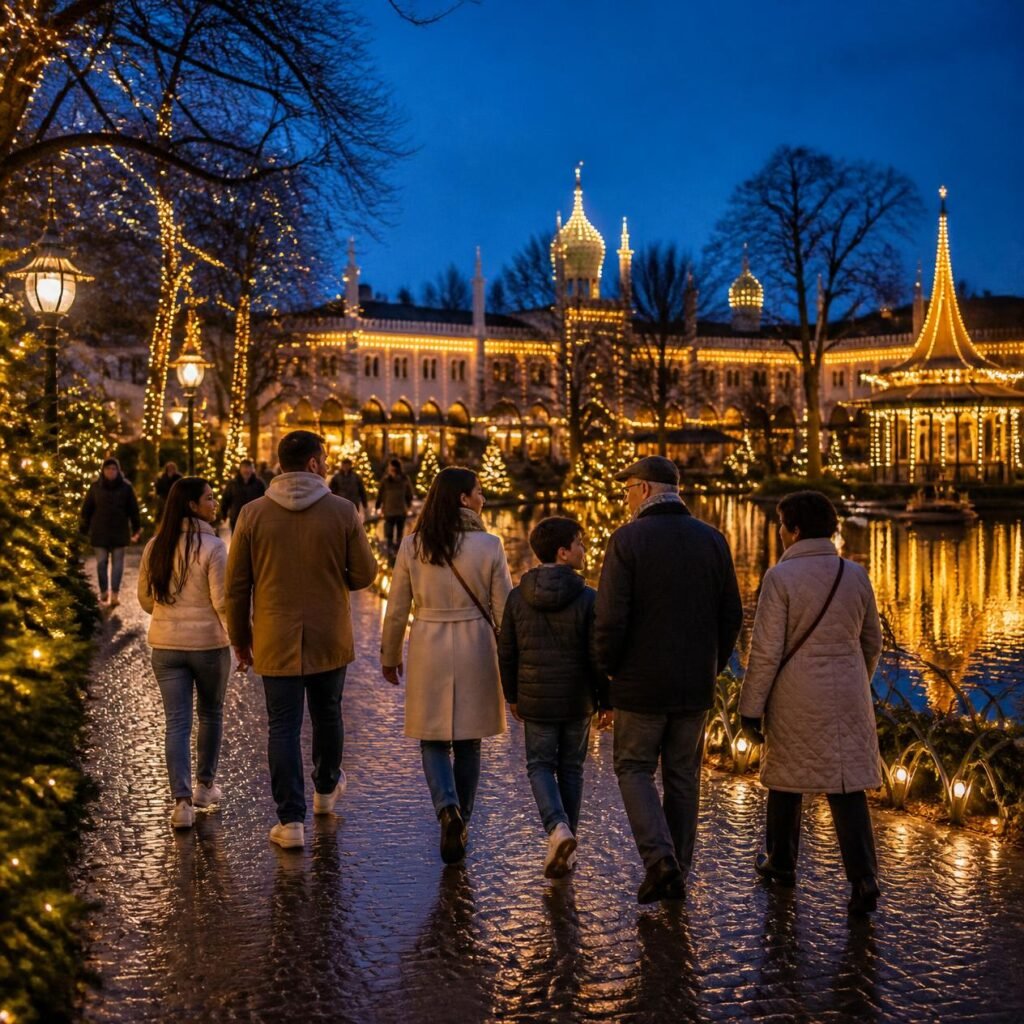 A multigenerational family walking along a garden path at dusk, with golden holiday lights reflected in a lake beside illuminated buildings.