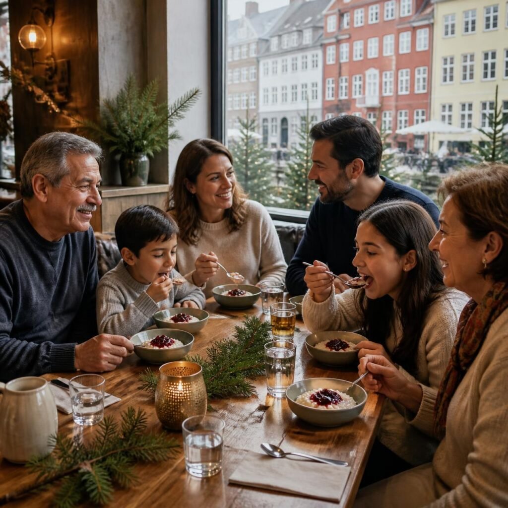 Grandparents, parents, and children enjoying rice pudding with cherry sauce at a restaurant table decorated with evergreen branches.
