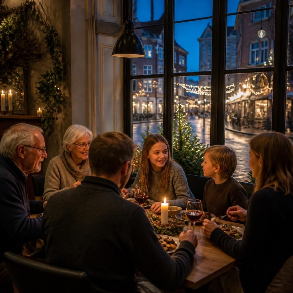 Grandparents, parents, and children sharing a candlelit restaurant meal beside a window overlooking a street decorated with holiday lights.