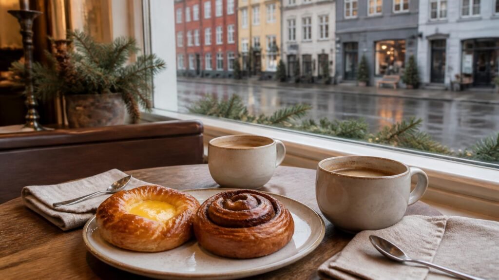 Two cups of coffee beside a custard pastry and cinnamon swirl on a wooden café table overlooking a rain-dampened street.