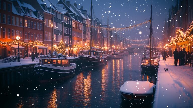 Snow-covered boats along a canal at dusk, with colorful waterfront buildings, golden holiday lights, and people strolling beside the water.