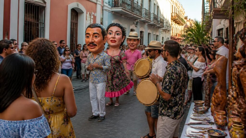 Performers wearing oversized character heads and musicians with hand drums surrounded by spectators beside an artisan stall.
