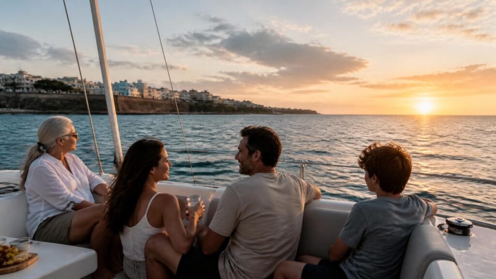 A multigenerational family sits aboard a sailboat at sunset, with golden light over the water and a colorful shoreline in the distance.