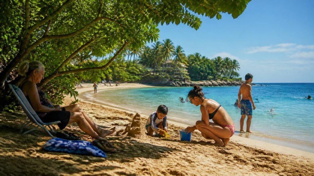 A grandparent relaxes in the shade while a parent and child build a sandcastle and a teen stands at the shoreline.
