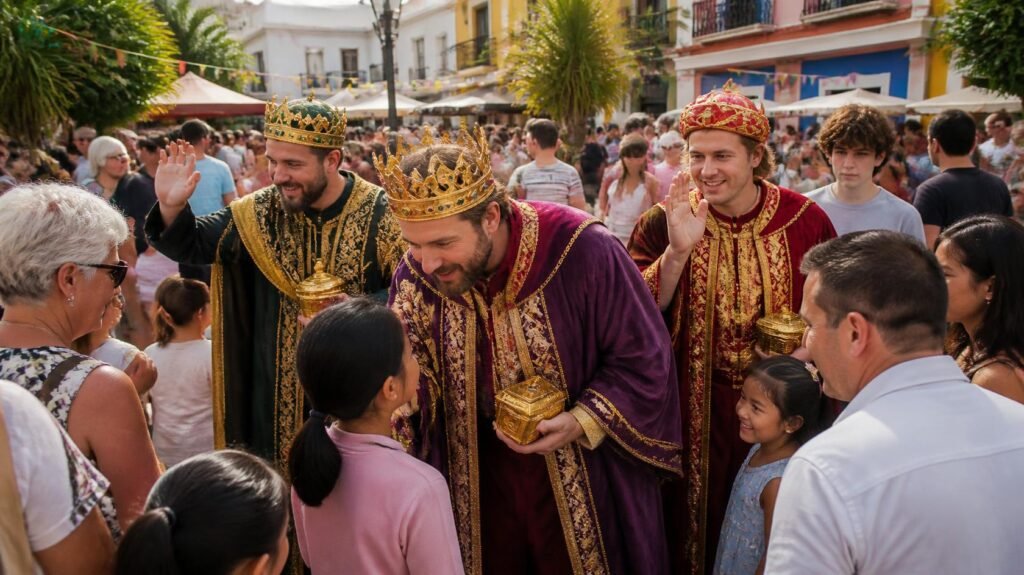 Three crowned performers in colorful robes greeting children and families in a crowded outdoor plaza.